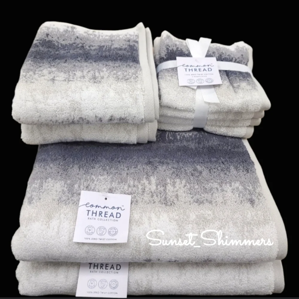 8pc COMMON THREAD 100% Zero Twist Cotton Bath Towel Set Grays / White New